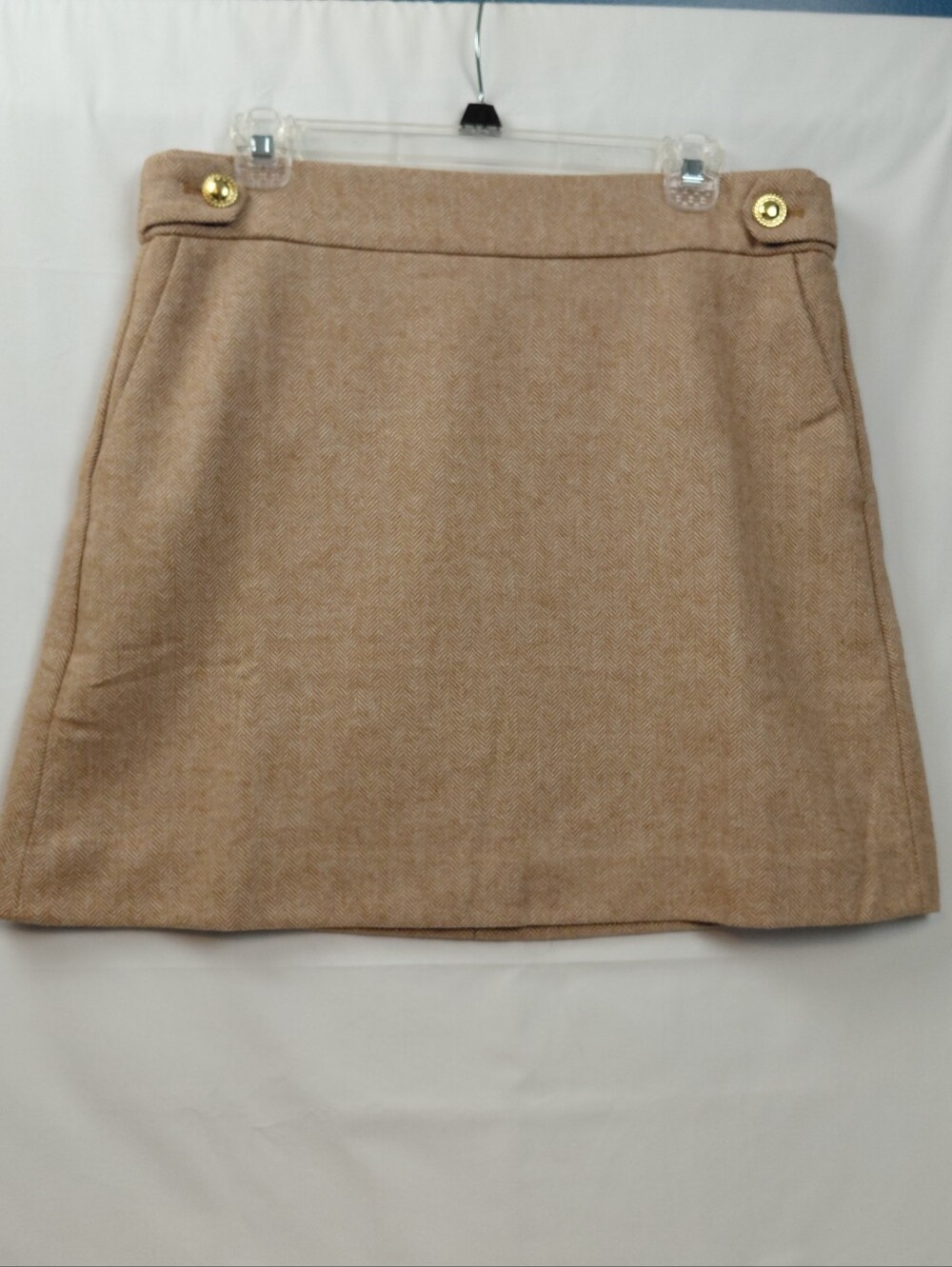 J Crew Herringbone Wool Blend Mini Skirt Size 12 Tan Gold Pockets